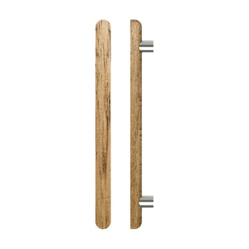 Single T12 Timber Entrance Pull Handle, Tasmanian Oak, CTC800mm, H1000mm x 40mm x 40mm x Projection 75mm, in Raw Timber (ready to stain or paint) in Tasmanian Oak / Satin Nickel