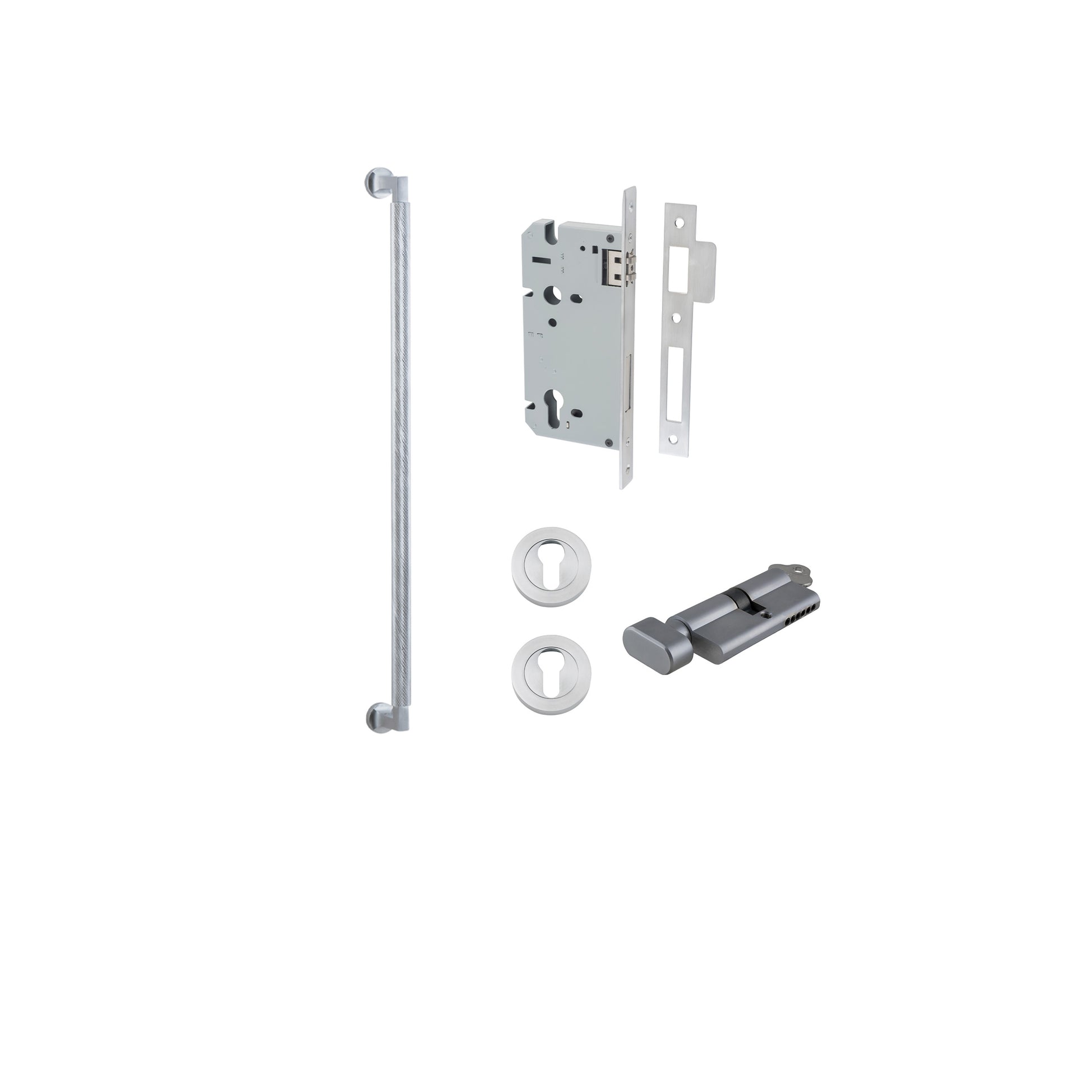 Pull Handle Brunswick Euro Pair Brushed Chrome L635xW22xP63mm CTC600 mm BPD35mm, Mortice Lock Roller Euro Brushed Chrome CTC85mm Backset 60mm, Euro Cylinder Key Thumb 5 Pin 65mm KA4, Escutcheon Euro Concealed Fix Round Pair D52xP10mm in Brushed Chrome