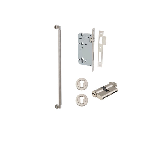 Pull Handle Brunswick Euro Pair Satin Nickel L635xW22xP63mm CTC600 mm BPD35mm, Mortice Lock Roller Euro Satin Nickel CTC85mm Backset 60mm, Euro Cylinder Dual Function 5 Pin 65mm KA4, Escutcheon Euro Concealed Fix Round Pair Satin Nickel D52xP10mm in Satin