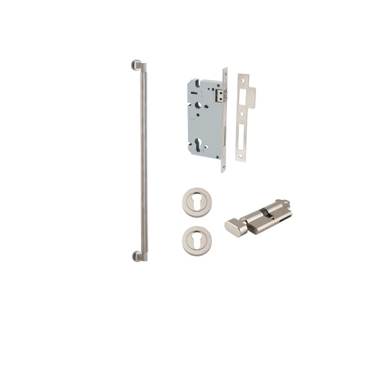 Pull Handle Brunswick Euro Pair Satin Nickel L635xW22xP63mm CTC600 mm BPD35mm, Mortice Lock Roller Euro Satin Nickel CTC85mm Backset 60mm, Euro Cylinder Key Thumb 5 Pin 65mm KA4, Escutcheon Euro Concealed Fix Round Pair D52xP10mm in Satin Nickel