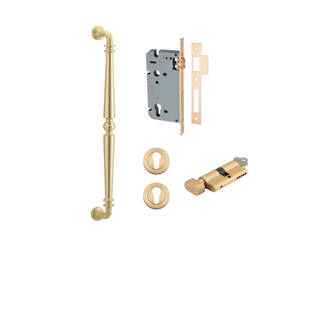 Pull Handle Sarlat Brushed Gold PVD L485xW32xP72mm BP35mm CTC450mm Entrance Kit, Mortice Lock Roller Euro BG PVD CTC85mm Backset 60mm, Euro Cylinder Key Thumb 6 Pin Satin Brass L70mm KA1, Escutcheon Euro Concealed Fix Round Pair BG PVD D52xP10mm in Brushe