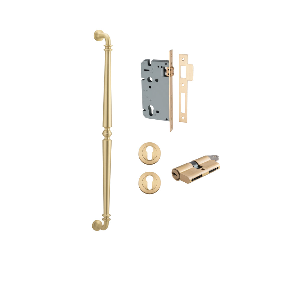 Pull Handle Sarlat Brushed Gold PVD L635xW32xP72mm BP35mm CTC600mm Entrance Kit, Mortice Lock Roller Euro BG PVD CTC85mm Backset 60mm, Euro Cylinder Dual Function 5 Pin Satin Brass L65mm KA1, Escutcheon Euro Concealed Fix Round Pair BG PVD D52xP10mm in Br