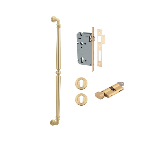 Pull Handle Sarlat Brushed Gold PVD L635xW32xP72mm BP35mm CTC600mm Entrance Kit, Mortice Lock Roller Euro BG PVD CTC85mm Backset 60mm, Euro Cylinder Key Thumb 6 Pin Satin Brass L70mm KA1, Escutcheon Euro Concealed Fix Round Pair BG PVD D52xP10mm in Brushe