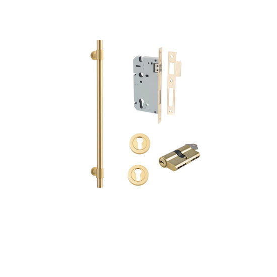 Pull Handle Helsinki Brushed Gold PVD L560xD22xP66mm BP35mm CTC450mm Ent Kit, Mortice Lock Roller Euro Brushed Gold PVD CTC85 Backset 60, Euro Cylinder Dual Func 5 Pin Satin Brass L65 KA1, Escutcheon Euro Con Fix Rnd Pair Brushed Gold PVD D52xP10mm in Bru