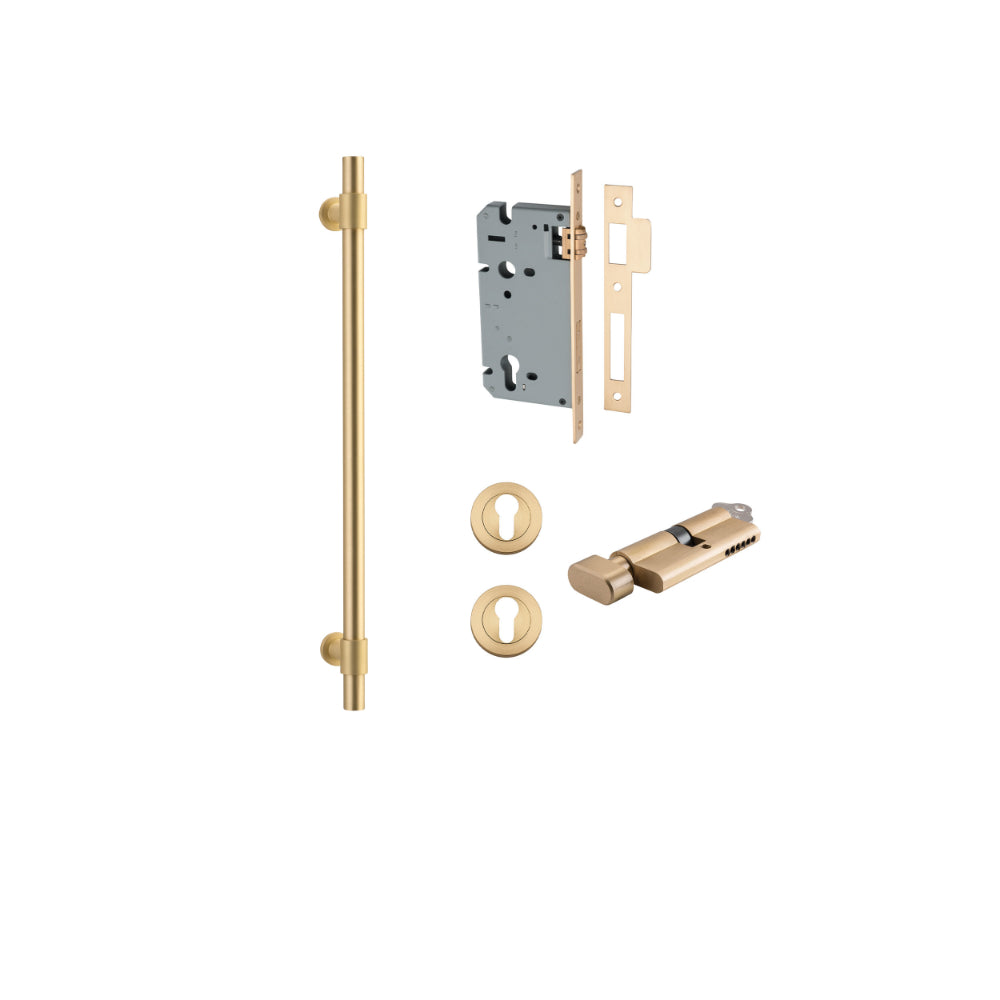 Pull Handle Helsinki Brushed Gold PVD L560xD22xP66mm BP35mm CTC450mm Ent Kit, Mortice Lock Roller Euro Brushed Gold PVD CTC85 Backset 60, Euro Cylinder Key Thumb 6 Pin Satin Brass L70 KA1, Escutcheon Euro Con Fix Rnd Pair Brushed Gold PVD D52xP10mm in Bru