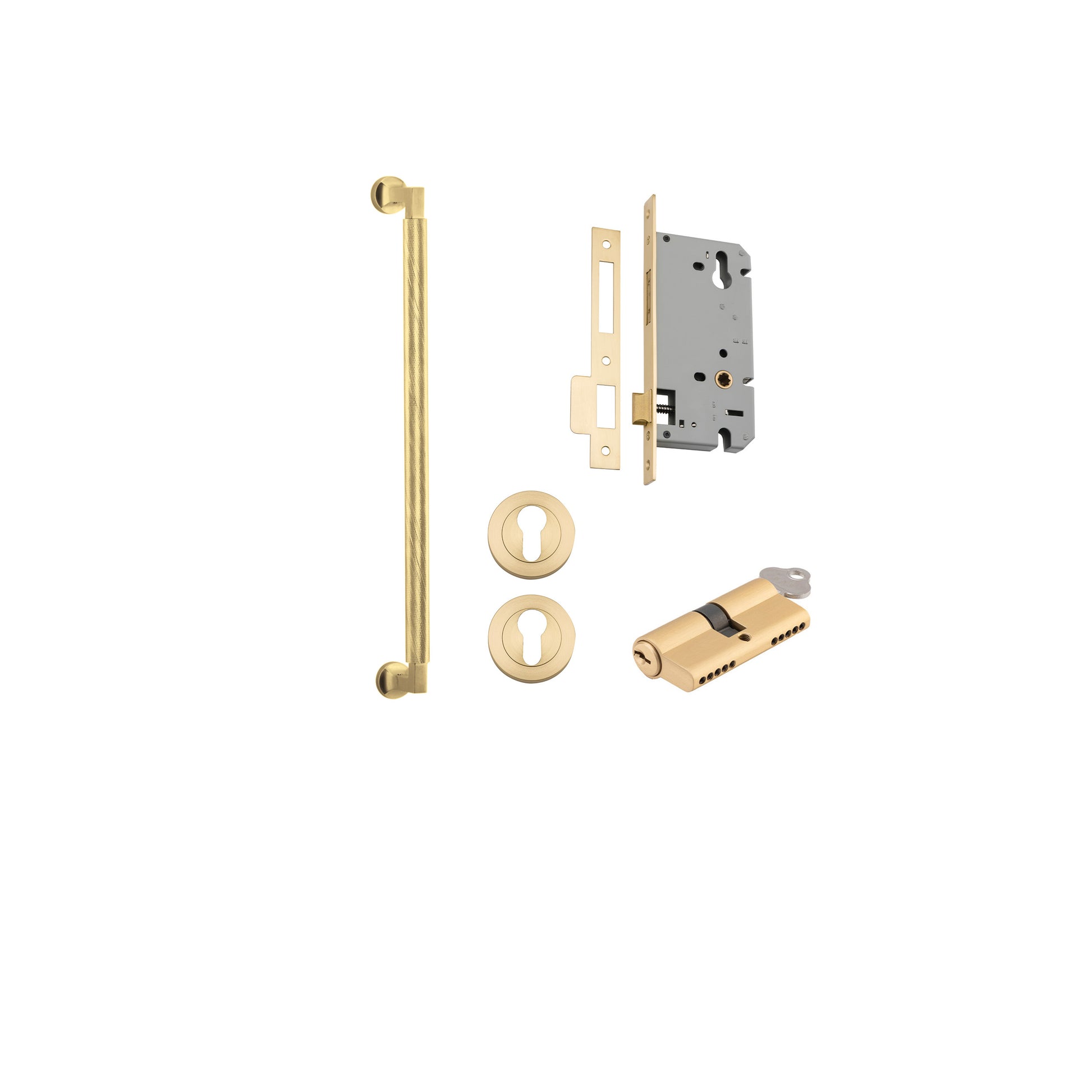 Pull Handle Brunswick Brushed Gold PVD L485xW22xP63mm BP35mm CTC450mm Entrance Kit, Mortice Lock Roller Euro Brushed Gold PVD CTC85 Backset 60, Euro Cylinder Dual Function 5 Pin Satin Brass L65mm KA1, Escutcheon Euro Conc Fix Rnd Pair BG PVD D52xP11 in Br