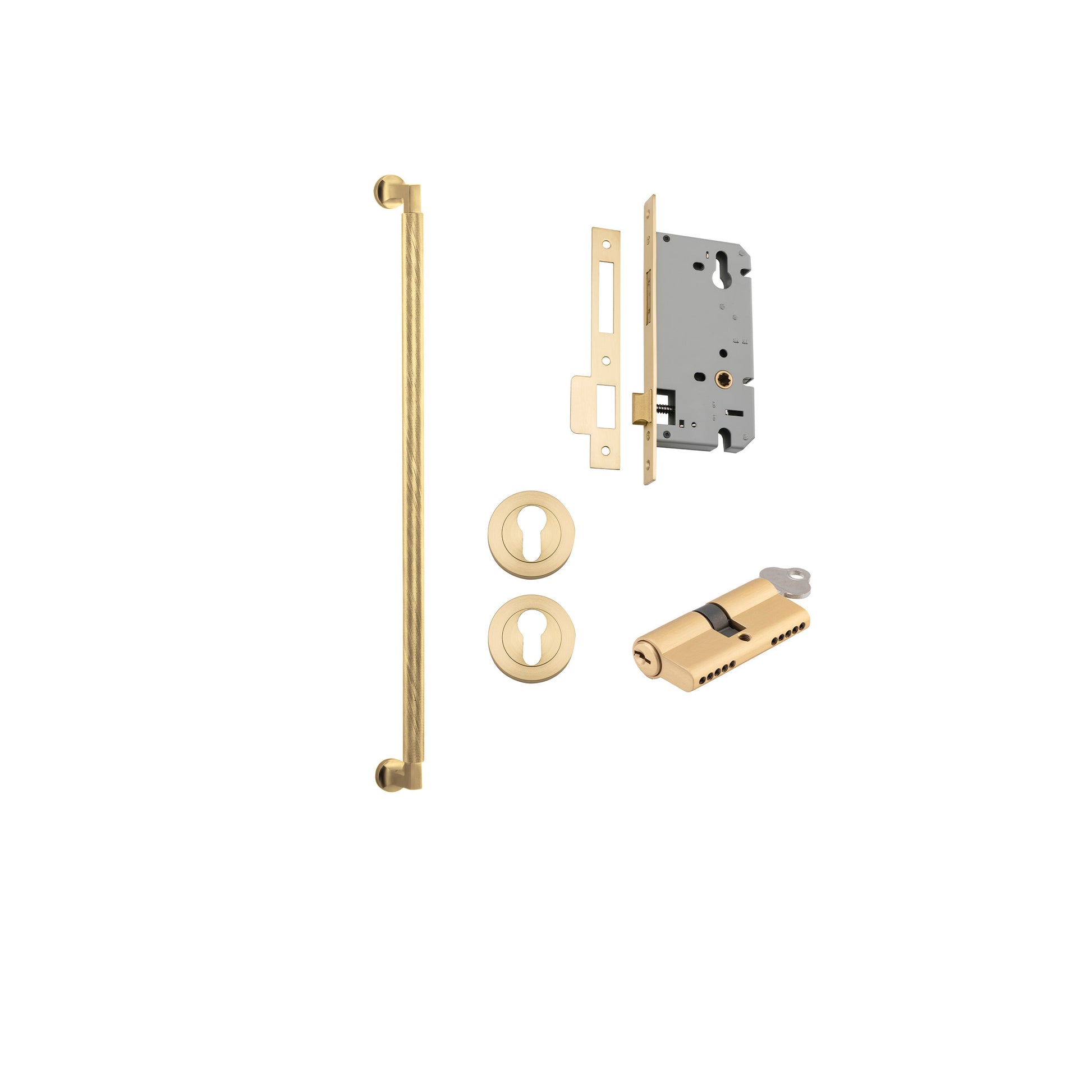 Pull Handle Brunswick Brushed Gold PVD L635xW22xP63mm BP35mm CTC600mm Entrance Kit, Mortice Lock Roller Euro Brushed Gold PVD CTC85 Backset 60, Euro Cylinder Dual Function 5 Pin Satin Brass L65 KA1, Escutcheon Euro Conc Fix Rnd Pair BG PVD D52xP10mm in Br