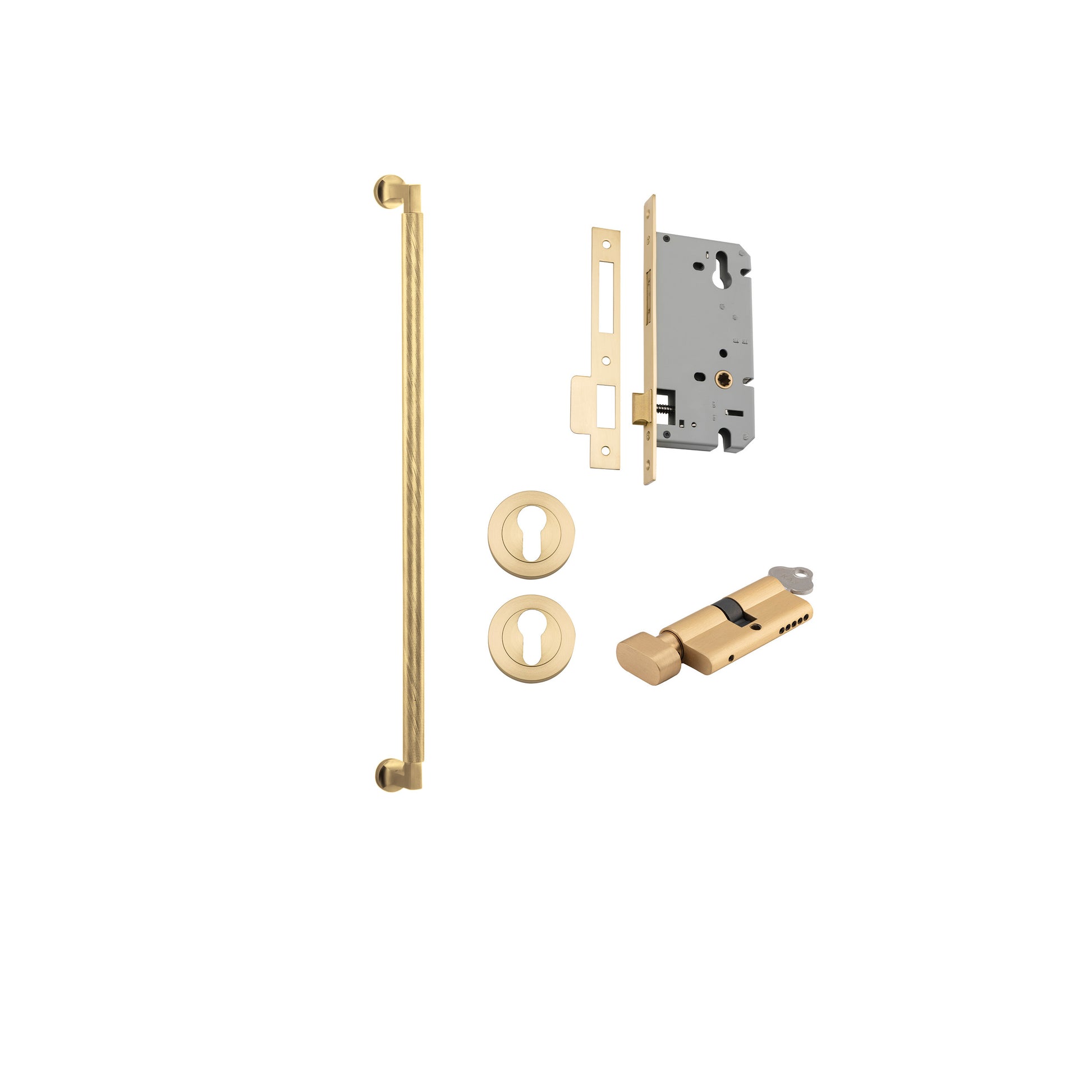 Pull Handle Brunswick Brushed Gold PVD L635xW22xP63mm BP35mm CTC600mm Entrance Kit, Mortice Lock Roller Euro Brushed Gold PVD CTC85mm Backset 60mm, Euro Cylinder Key Thumb 6 Pin Satin Brass L70mm KA1, Escutcheon Euro Conc Fix Rnd Pair BG PVD D52xP11 in Br