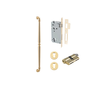 Pull Handle Sarlat Polished Brass L635xW32xP72mm BP35mm CTC600mm Entrance Kit, Mortice Lock Roller Euro Polished Brass CTC85mm Backset 60mm, Euro Cylinder Dual Function 5 Pin Polished Brass L65mm KA1, Escutcheon Euro Concealed Fix Round Pair Polis… in Pol