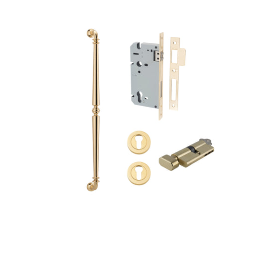 Pull Handle Sarlat Polished Brass L635xW32xP72mm BP35mm CTC600mm Entrance Kit, Mortice Lock Roller Euro Polished Brass CTC85mm Backset 60mm, Euro Cylinder Key Thumb 6 Pin Polished Brass L70mm KA1, Escutcheon Euro Concealed Fix Round Pair Polished … in Pol