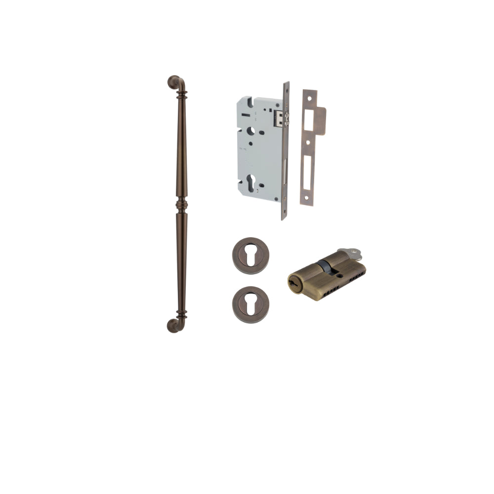 Pull Handle Sarlat Signature Brass L635xW32xP72mm BP35mm CTC600mm Entrance Kit, Mortice Lock Roller Euro Signature Brass CTC85mm Backset 60mm, Euro Cylinder Dual Function 5 Pin Signature Brass L65mm KA1, Escutcheon Euro Concealed Fix Round Pair Sig… in Si