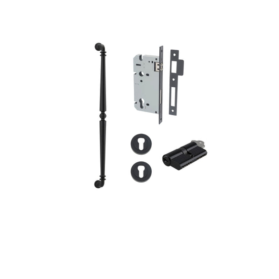 Pull Handle Sarlat Matt Black L635xW32xP72mm BP35mm CTC600mm Entrance Kit, Mortice Lock Roller Euro Matt Black CTC85mm Backset 60mm, Euro Cylinder Dual Function 5 Pin Matt Black L65mm KA1, Escutcheon Euro Concealed Fix Round Pair Matt Black D52xP10mm in M