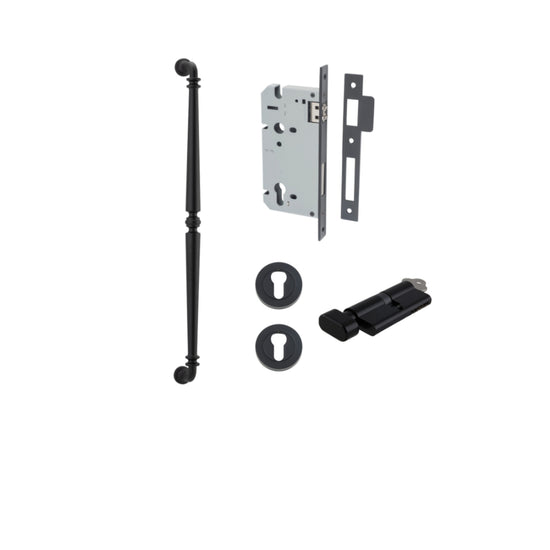 Pull Handle Sarlat Matt Black L635xW32xP72mm BP35mm CTC600mm Entrance Kit, Mortice Lock Roller Euro Matt Black CTC85mm Backset 60mm, Euro Cylinder Key Thumb 6 Pin Matt Black L70mm KA1, Escutcheon Euro Concealed Fix Round Pair Matt Black D52xP10mm in Matt