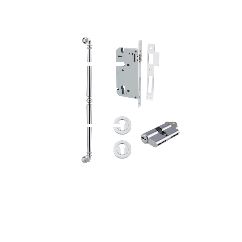 Pull Handle Sarlat Polished Chrome L635xW32xP72mm BP35mm CTC600mm Entrance Kit, Mortice Lock Roller Euro Polished Chrome CTC85mm Backset 60mm, Euro Cylinder Dual Function 5 Pin Polished Chrome L65mm KA1, Escutcheon Euro Concealed Fix Round Pair Po… in Pol