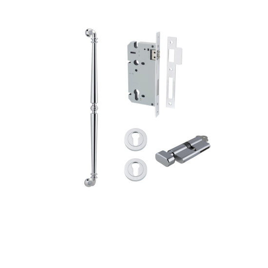 Pull Handle Sarlat Polished Chrome L635xW32xP72mm BP35mm CTC600mm Entrance Kit, Mortice Lock Roller Euro Polished Chrome CTC85mm Backset 60mm, Euro Cylinder Key Thumb 6 Pin Polished Chrome L70mm KA1, Escutcheon Euro Concealed Fix Round Pair Polish… in Pol