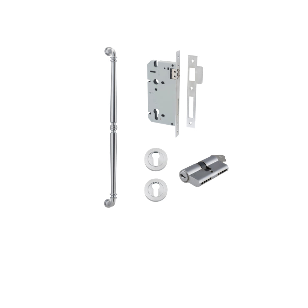 Pull Handle Sarlat Brushed Chrome L635xW32xP72mm BP35mm CTC600mm Entrance Kit, Mortice Lock Roller Euro Brushed Chrome CTC85mm Backset 60mm, Euro Cylinder Dual Function 5 Pin Brushed Chrome L65mm KA1, Escutcheon Euro Concealed Fix Round Pair Brush… in Bru