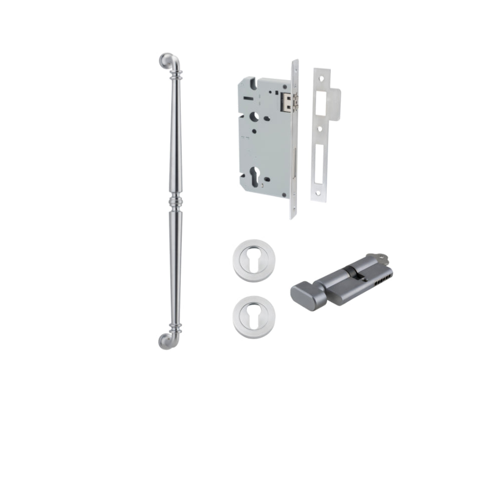 Pull Handle Sarlat Brushed Chrome L635xW32xP72mm BP35mm CTC600mm Entrance Kit, Mortice Lock Roller Euro Brushed Chrome CTC85mm Backset 60mm, Euro Cylinder Key Thumb 6 Pin Brushed Chrome L70mm KA1, Escutcheon Euro Concealed Fix Round Pair Brushed C… in Bru