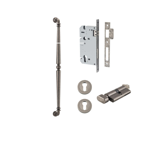 Pull Handle Sarlat Distressed Nickel L635xW32xP72mm BP35mm CTC600mm Entrance Kit, Mortice Lock Roller Euro Distressed Nickel CTC85mm Backset 60mm, Euro Cylinder Key Thumb 6 Pin Distressed Nickel L70mm KA1, Escutcheon Euro Concealed Fix Round Pair … in Dis