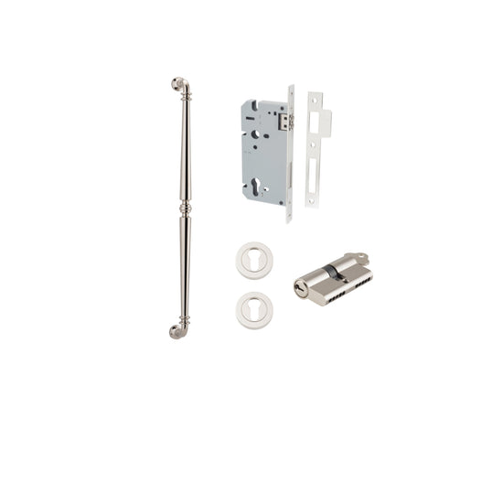 Pull Handle Sarlat Polished Nickel L635xW32xP72mm BP35mm CTC600mm Entrance Kit, Mortice Lock Roller Euro Polished Nickel CTC85mm Backset 60mm, Euro Cylinder Dual Function 5 Pin Polished Nickel L65mm KA1, Escutcheon Euro Concealed Fix Round Pair Po… in Pol