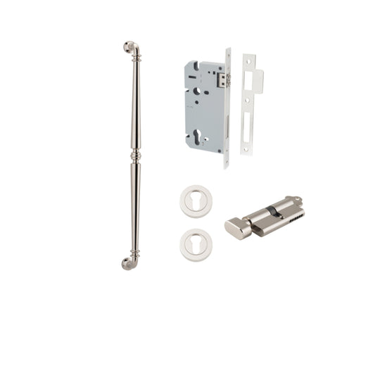 Pull Handle Sarlat Polished Nickel L635xW32xP72mm BP35mm CTC600mm Entrance Kit, Mortice Lock Roller Euro Polished Nickel CTC85mm Backset 60mm, Euro Cylinder Key Thumb 6 Pin Polished Nickel L70mm KA1, Escutcheon Euro Concealed Fix Round Pair Polish… in Pol