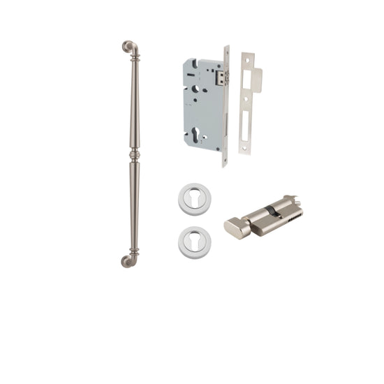 Pull Handle Sarlat Satin Nickel L635xW32xP72mm BP35mm CTC600mm Entrance Kit, Mortice Lock Roller Euro Satin Nickel CTC85mm Backset 60mm, Euro Cylinder Key Thumb 6 Pin Satin Nickel L70mm KA1, Escutcheon Euro Concealed Fix Round Pair Satin Nickel D5… in Sat