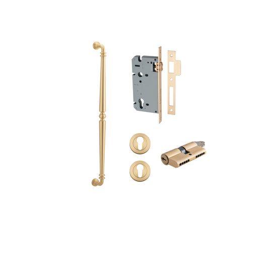 Pull Handle Sarlat Brushed Brass L635xW32xP72mm BP35mm CTC600mm Entrance Kit, Mortice Lock Roller Euro Brushed Brass CTC85mm Backset 60mm, Euro Cylinder Dual Function 5 Pin Brushed Brass L65mm KA1, Escutcheon Euro Concealed Fix Round Pair Brushed … in Bru