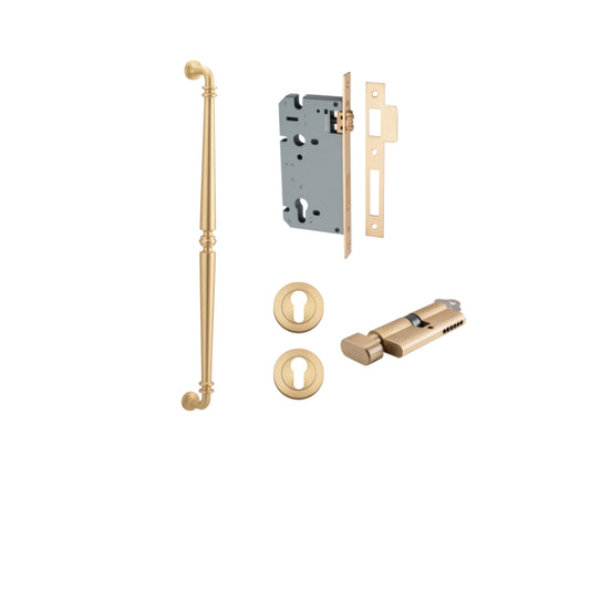 Pull Handle Sarlat Brushed Brass L635xW32xP72mm BP35mm CTC600mm Entrance Kit, Mortice Lock Roller Euro Brushed Brass CTC85mm Backset 60mm, Euro Cylinder Key Thumb 6 Pin Brushed Brass L70mm   KA1, Escutcheon Euro Concealed Fix Round Pair Brushed B… in Brus