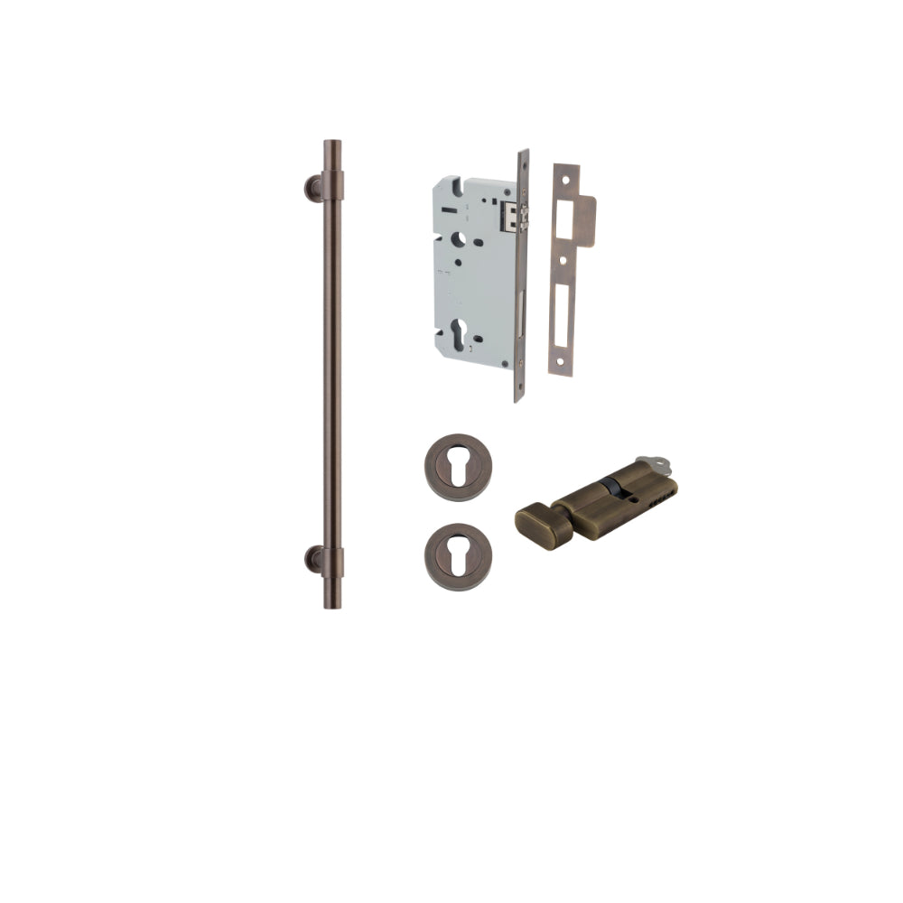 Pull Handle Helsinki Signature Brass L560xD22xP66mm BP35mm CTC450mm Entrance Kit, Mortice Lock Roller Euro Signature Brass CTC85mm Backset 60mm, Euro Cylinder Key Thumb 6 Pin Signature Brass L70mm KA1, Escutcheon Euro Concealed Fix Round Pair Sign… in Sig