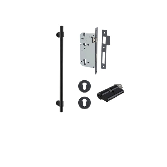 Pull Handle Helsinki Matt Black L560xD22xP66mm BP35mm CTC450mm Entrance Kit, Mortice Lock Roller Euro Matt Black CTC85mm Backset 60mm, Euro Cylinder Dual Function 5 Pin Matt Black L65mm KA1, Escutcheon Euro Concealed Fix Round Pair Matt Black D52x… in Mat