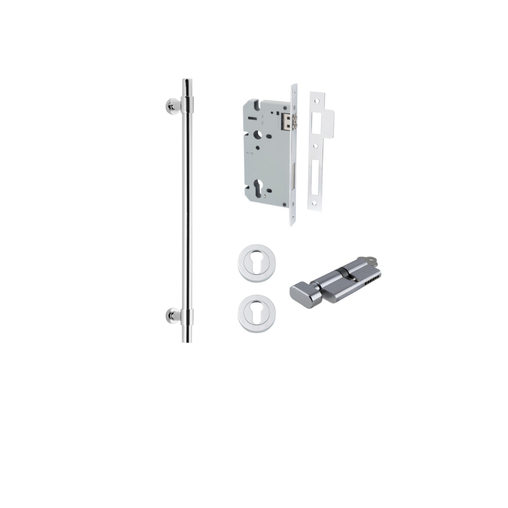 Pull Handle Helsinki Polished Chrome L560xD22xP66mm BP35mm CTC450mm Entrance Kit, Mortice Lock Roller Euro Polished Chrome CTC85mm Backset 60mm, Euro Cylinder Key Thumb 6 Pin Polished Chrome L70mm KA1, Escutcheon Euro Concealed Fix Round Pair Poli… in Pol