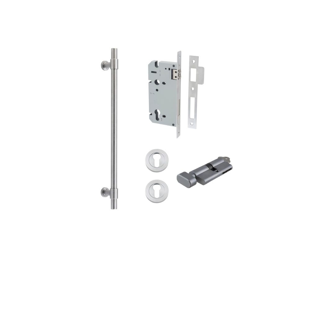 Pull Handle Helsinki Brushed Chrome L560xD22xP66mm BP35mm CTC450mm Entrance Kit, Mortice Lock Roller Euro Brushed Chrome CTC85mm Backset 60mm, Euro Cylinder Key Thumb 6 Pin Brushed Chrome L70mm KA1, Escutcheon Euro Concealed Fix Round Pair Brushed… in Bru