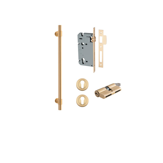 Pull Handle Helsinki Brushed Brass L560xD22xP66mm BP35mm CTC450mm Entrance Kit, Mortice Lock Roller Euro Brushed Brass CTC85mm Backset 60mm, Euro Cylinder Dual Function 5 Pin Brushed Brass L65mm KA1, Escutcheon Euro Concealed Fix Round Pair Brushe… in Bru