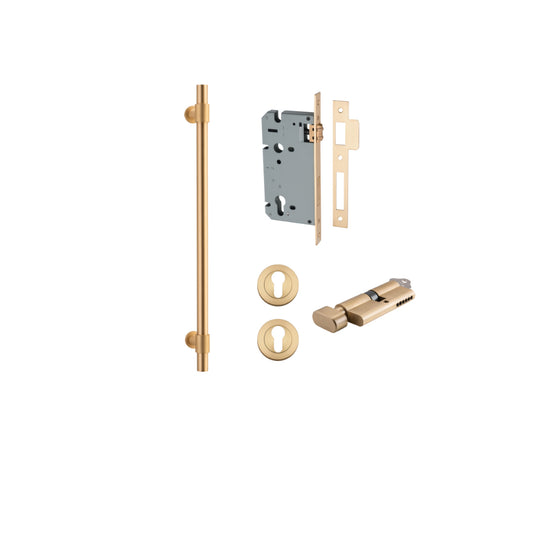 Pull Handle Helsinki Brushed Brass L560xD22xP66mm BP35mm CTC450mm Entrance Kit, Mortice Lock Roller Euro Brushed Brass CTC85mm Backset 60mm, Euro Cylinder Key Thumb 6 Pin Brushed Brass L70mm   KA1, Escutcheon Euro Concealed Fix Round Pair Brushed… in Brus