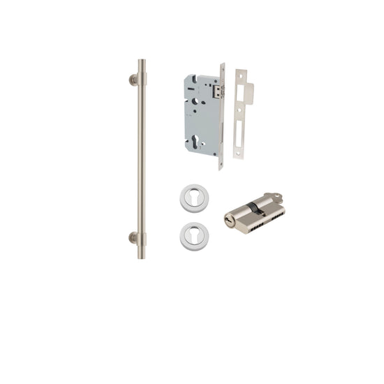 Pull Handle Helsinki Satin Nickel L560xD22xP66mm BP35mm CTC450mm Entrance Kit, Mortice Lock Roller Euro Satin Nickel CTC85mm Backset 60mm, Euro Cylinder Dual Function 5 Pin Satin Nickel L65mm KA1, Escutcheon Euro Concealed Fix Round Pair Satin Nic… in Sat