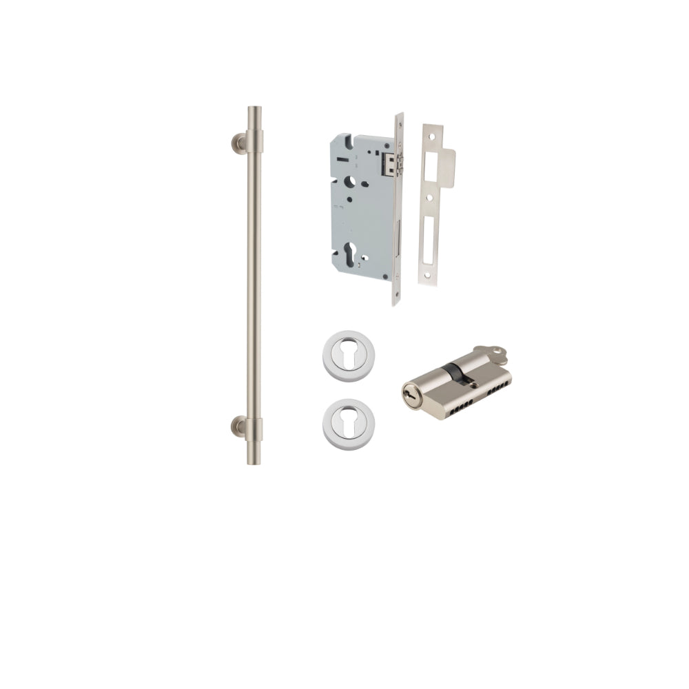 Pull Handle Helsinki Satin Nickel L560xD22xP66mm BP35mm CTC450mm Entrance Kit, Mortice Lock Roller Euro Satin Nickel CTC85mm Backset 60mm, Euro Cylinder Dual Function 5 Pin Satin Nickel L65mm KA1, Escutcheon Euro Concealed Fix Round Pair Satin Nic… in Sat