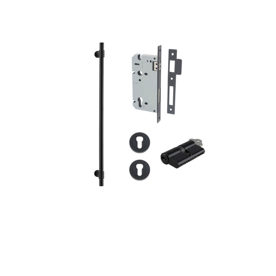 Pull Handle Helsinki Matt Black L710xD22xP66mm BP35mm CTC600mm Entrance Kit, Mortice Lock Roller Euro Matt Black CTC85mm Backset 60mm, Euro Cylinder Dual Function 5 Pin Matt Black L65mm KA1, Escutcheon Euro Concealed Fix Round Pair Matt Black D52x… in Mat