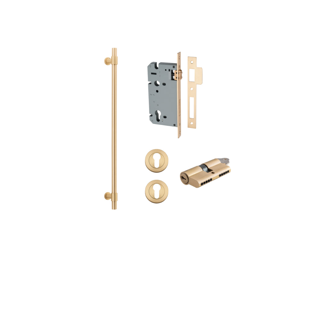 Pull Handle Helsinki Brushed Brass L710xD22xP66mm BP35mm CTC600mm Entrance Kit, Mortice Lock Roller Euro Brushed Brass CTC85mm Backset 60mm, Euro Cylinder Dual Function 5 Pin Brushed Brass L65mm KA1, Escutcheon Euro Concealed Fix Round Pair Brushe… in Bru