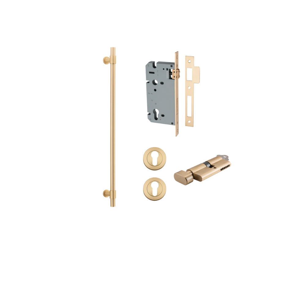 Pull Handle Helsinki Brushed Brass L710xD22xP66mm BP35mm CTC600mm Entrance Kit, Mortice Lock Roller Euro Brushed Brass CTC85mm Backset 60mm, Euro Cylinder Key Thumb 6 Pin Brushed Brass L70mm   KA1, Escutcheon Euro Concealed Fix Round Pair Brushed… in Brus