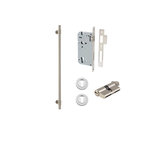 Pull Handle Helsinki Satin Nickel L710xD22xP66mm BP35mm CTC600mm Entrance Kit, Mortice Lock Roller Euro Satin Nickel CTC85mm Backset 60mm, Euro Cylinder Dual Function 5 Pin Satin Nickel L65mm KA1, Escutcheon Euro Concealed Fix Round Pair Satin Nic… in Sat