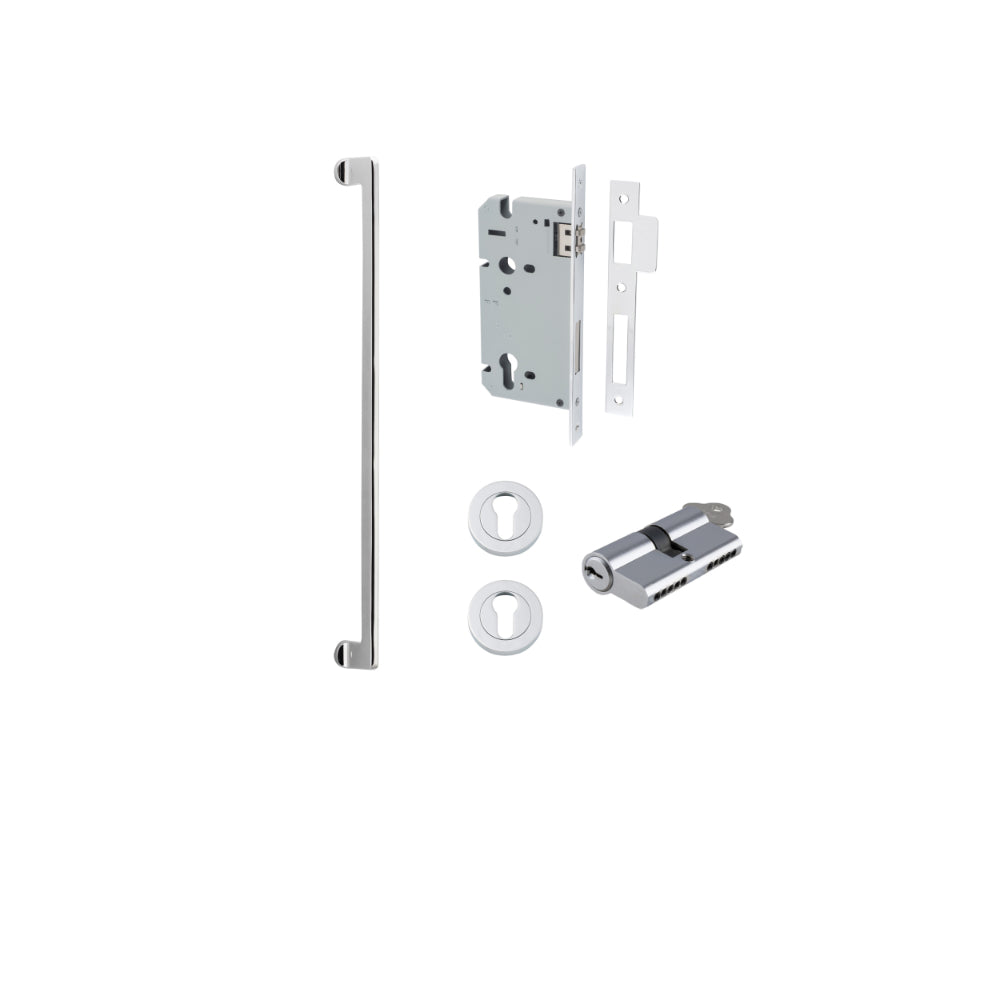 Pull Handle Baltimore Polished Chrome L635xW13xP64mm BP35mm CTC600mm Entrance Kit, Mortice Lock Roller Euro Polished Chrome CTC85mm Backset 60mm, Euro Cylinder Dual Function 5 Pin Polished Chrome L65mm KA1, Escutcheon Euro Concealed Fix Round Pair… in Pol