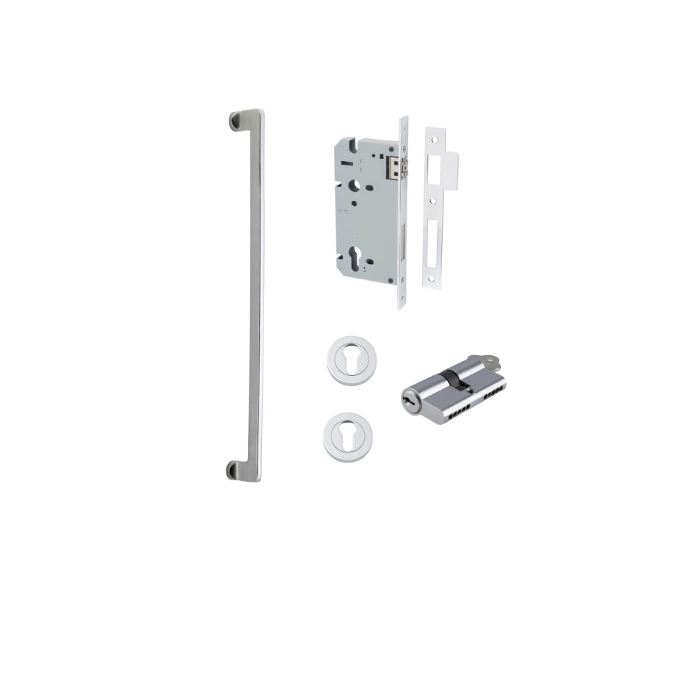 Pull Handle Baltimore Brushed Chrome L635xW13xP64mm BP35mm CTC600mm Entrance Kit, Mortice Lock Roller Euro Brushed Chrome CTC85mm Backset 60mm, Euro Cylinder Dual Function 5 Pin Brushed Chrome L65mm KA1, Escutcheon Euro Concealed Fix Round Pair Br… in Bru