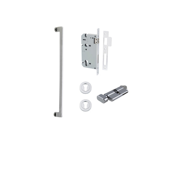 Pull Handle Baltimore Brushed Chrome L635xW13xP64mm BP35mm CTC600mm Entrance Kit, Mortice Lock Roller Euro Brushed Chrome CTC85mm Backset 60mm, Euro Cylinder Key Thumb 6 Pin Brushed Chrome L70mm KA1, Escutcheon Euro Concealed Fix Round Pair Brushe… in Bru