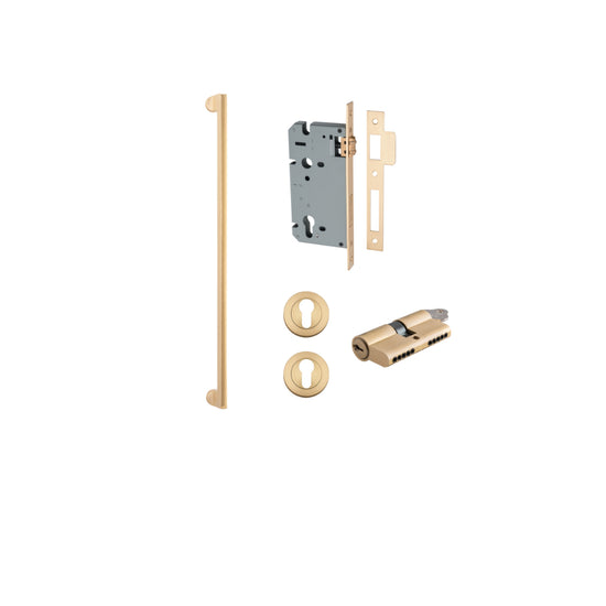 Pull Handle Baltimore Brushed Brass L635xW13xP64mm BP35mm CTC600mm Entrance Kit, Mortice Lock Roller Euro Brushed Brass CTC85mm Backset 60mm, Euro Cylinder Dual Function 5 Pin Brushed Brass L65mm KA1, Escutcheon Euro Concealed Fix Round Pair Brush… in Bru