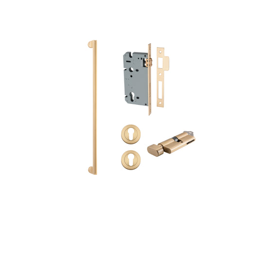 Pull Handle Baltimore Brushed Brass L635xW13xP64mm BP35mm CTC600mm Entrance Kit, Mortice Lock Roller Euro Brushed Brass CTC85mm Backset 60mm, Euro Cylinder Key Thumb 6 Pin Brushed Brass L70mm   KA1, Escutcheon Euro Concealed Fix Round Pair Brushe… in Brus