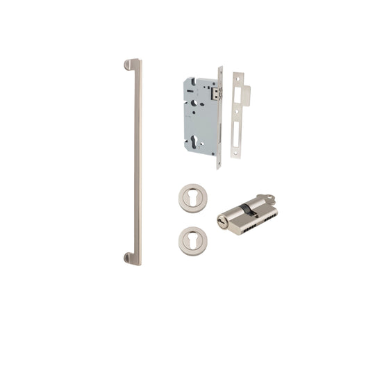 Pull Handle Baltimore Satin Nickel L635xW13xP64mm BP35mm CTC600mm Entrance Kit, Mortice Lock Roller Euro Satin Nickel CTC85mm Backset 60mm, Euro Cylinder Dual Function 5 Pin Satin Nickel L65mm KA1, Escutcheon Euro Concealed Fix Round Pair Brush… in Satin