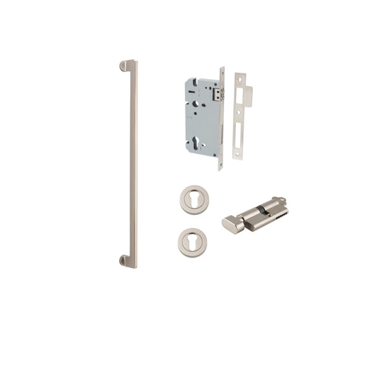 Pull Handle Baltimore Satin Nickel L635xW13xP64mm BP35mm CTC600mm Entrance Kit, Mortice Lock Roller Euro Satin Nickel CTC85mm Backset 60mm, Euro Cylinder Key Thumb 6 Pin Satin Nickel L70mm KA1, Escutcheon Euro Concealed Fix Round Pair Satin Nickel… in Sat