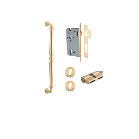 Pull Handle Sarlat Brushed Brass L485xW32xP72mm BP35mm CTC450mm Entrance Kit, Mortice Lock Roller Euro Brushed Brass CTC85mm Backset 60mm, Euro Cylinder Dual Function 5 Pin Brushed Brass L65mm KA1, Escutcheon Euro Concealed Fix Round Pair Brushed … in Bru