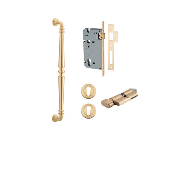 Pull Handle Sarlat Brushed Brass L485xW32xP72mm BP35mm CTC450mm Entrance Kit, Mortice Lock Roller Euro Brushed Brass CTC85mm Backset 60mm, Euro Cylinder Key Thumb 6 Pin Brushed Brass L70mm  

 KA1, Escutcheon Euro Concealed Fix Round Pair Brushed B… in Br