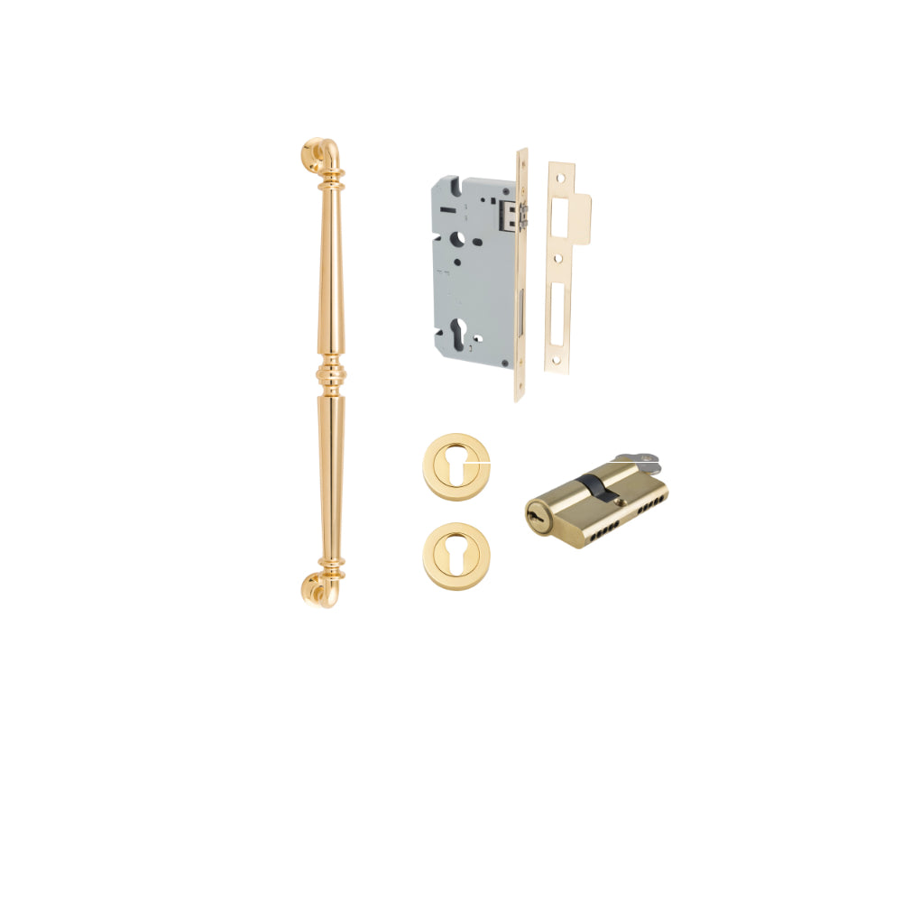 Pull Handle Sarlat Polished Brass L485xW32xP72mm BP35mm CTC450mm Entrance Kit, Mortice Lock Roller Euro Polished Brass CTC85mm Backset 60mm, Euro Cylinder Dual Function 5 Pin Polished Brass L65mm KA1, Escutcheon Euro Concealed Fix Round Pair Polis… in Pol