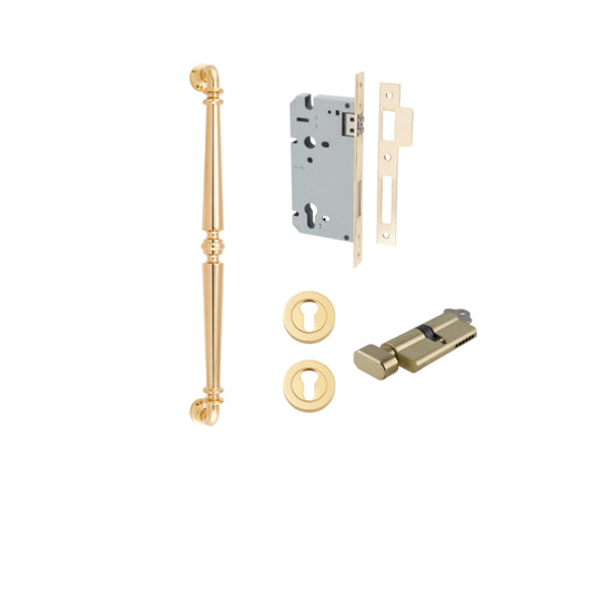 Pull Handle Sarlat Polished Brass L485xW32xP72mm BP35mm CTC450mm Entrance Kit, Mortice Lock Roller Euro Polished Brass CTC85mm Backset 60mm, Euro Cylinder Key Thumb 6 Pin Polished Brass L70mm KA1, Escutcheon Euro Concealed Fix Round Pair Polished … in Pol